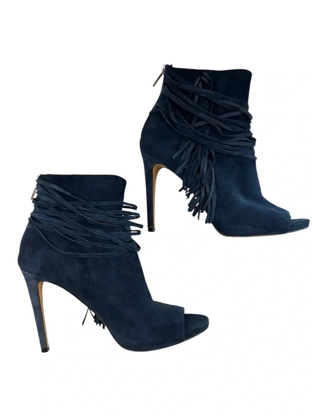 Vince Camuto‎ Navy Suede Leather Fringe Stiletto Heel Open Toe Booties (8)